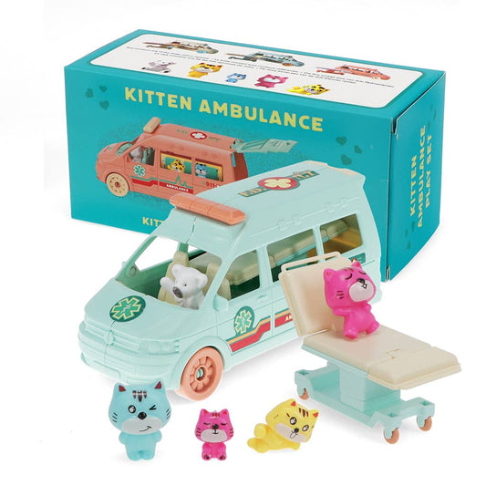 Mint kitten ambulance toy with stretcher and kitten figures beside its box