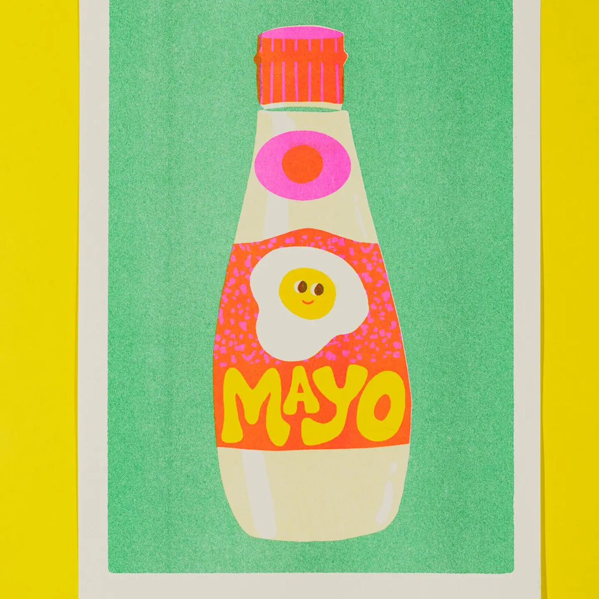 Naomi Wilkinson A4 riso print: a squeezy mayo bottle with a smiling fried egg, on green