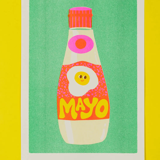 Naomi Wilkinson A4 riso print: a squeezy mayo bottle with a smiling fried egg, on green