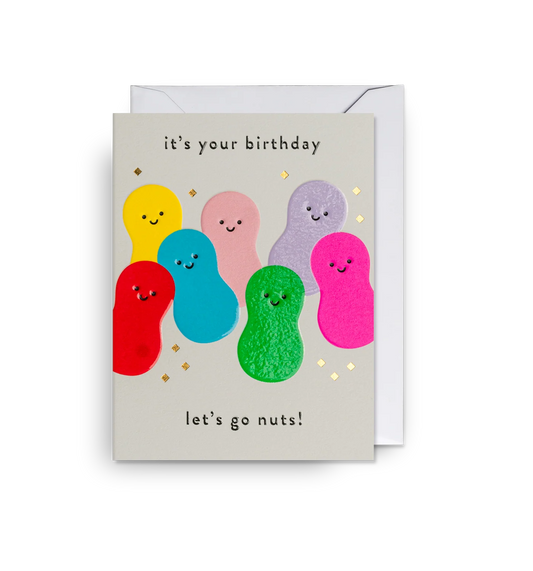 Lagom mini card: brightly coloured smiling peanuts, with 'It's your birthday – let's go nuts!'