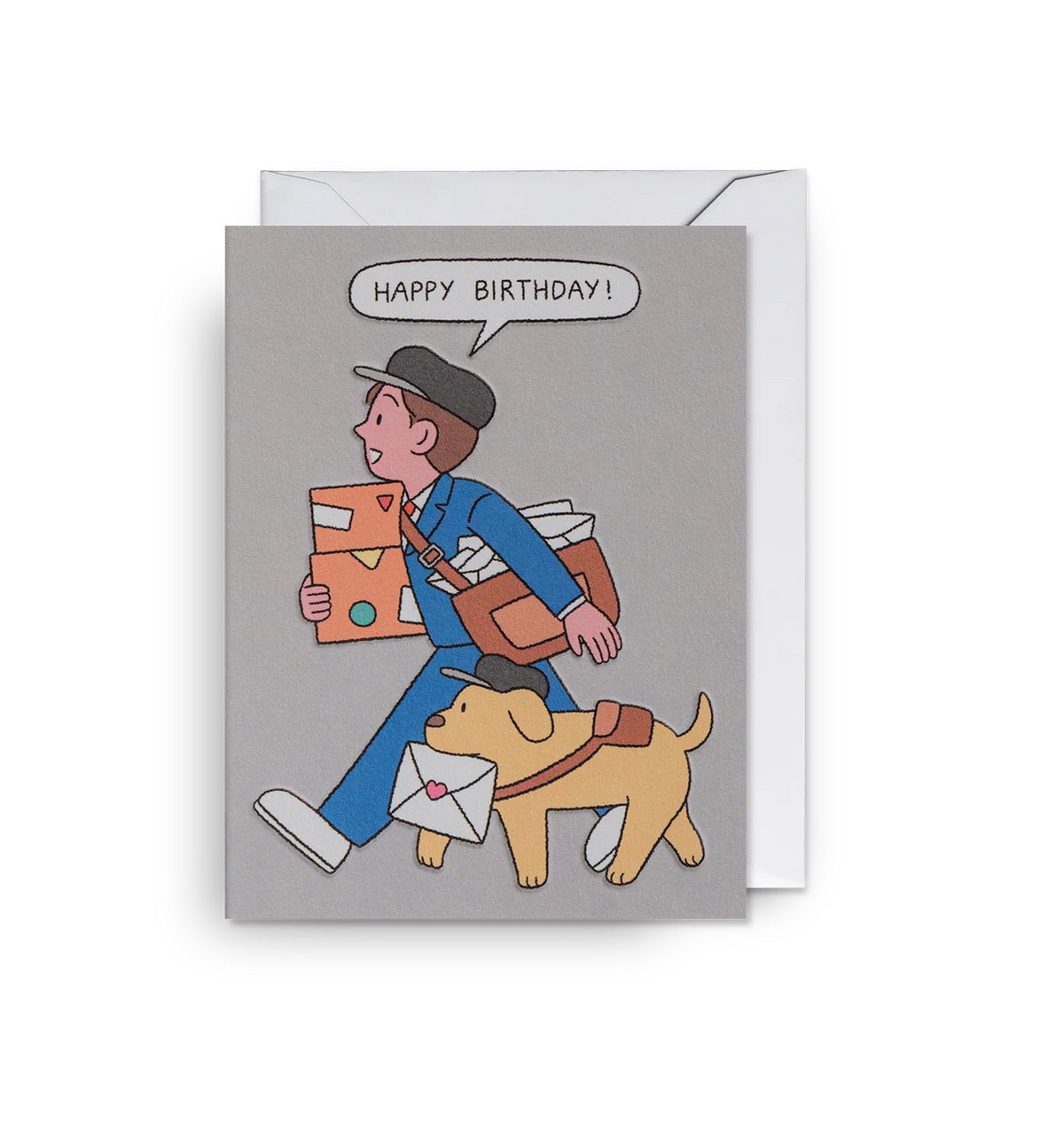 Lagom mini card: a postman carrying parcels with a dog, saying 'Happy birthday!'