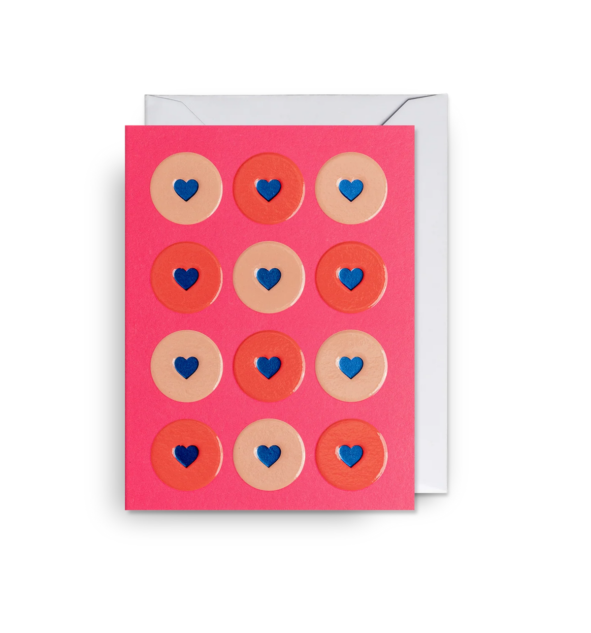 Lagom mini card: rows of circles with blue hearts on pink