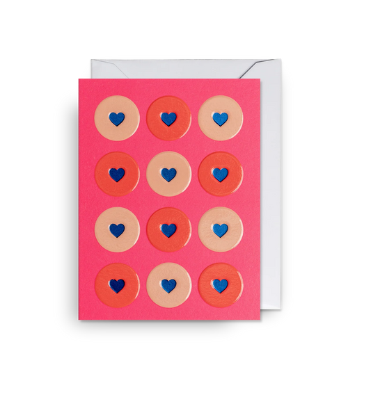Lagom mini card: rows of circles with blue hearts on pink