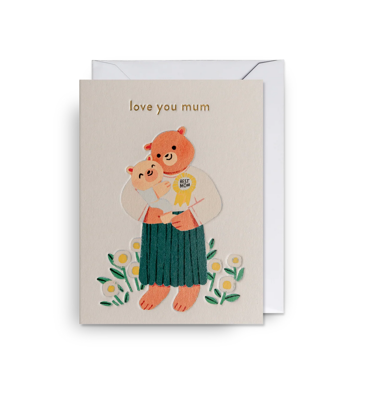Lagom mini card: a bear in a green skirt cuddling a little bear, with gold 'Love you mum'