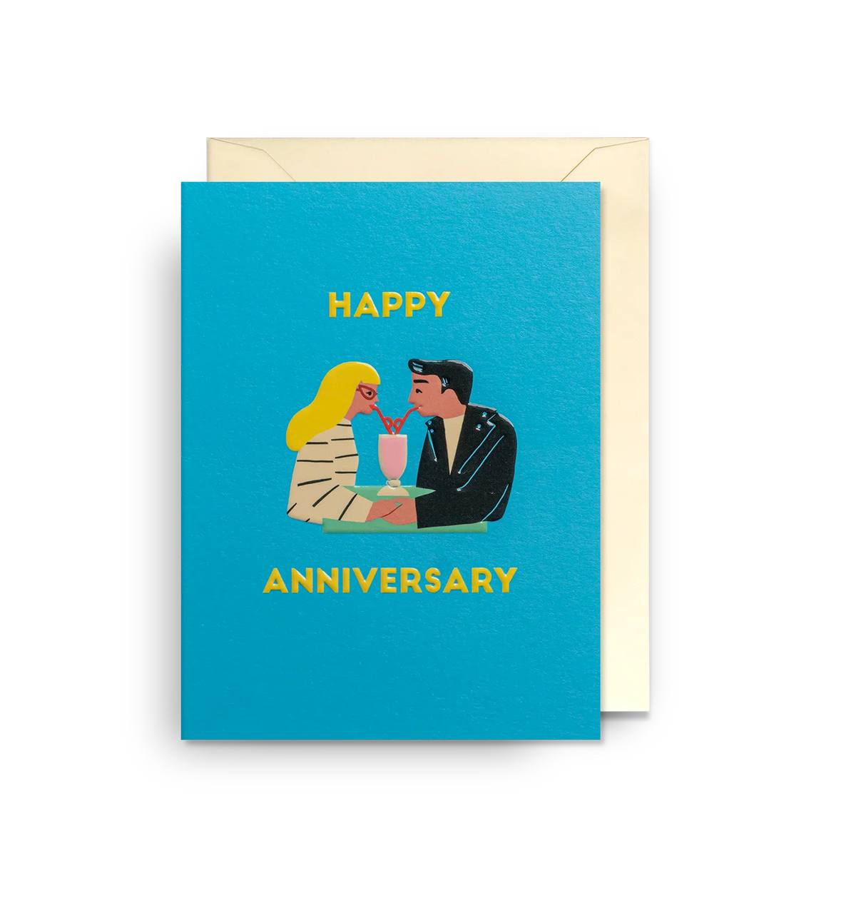 Lagom mini card: a couple sharing a milkshake on blue, with 'Happy anniversary'