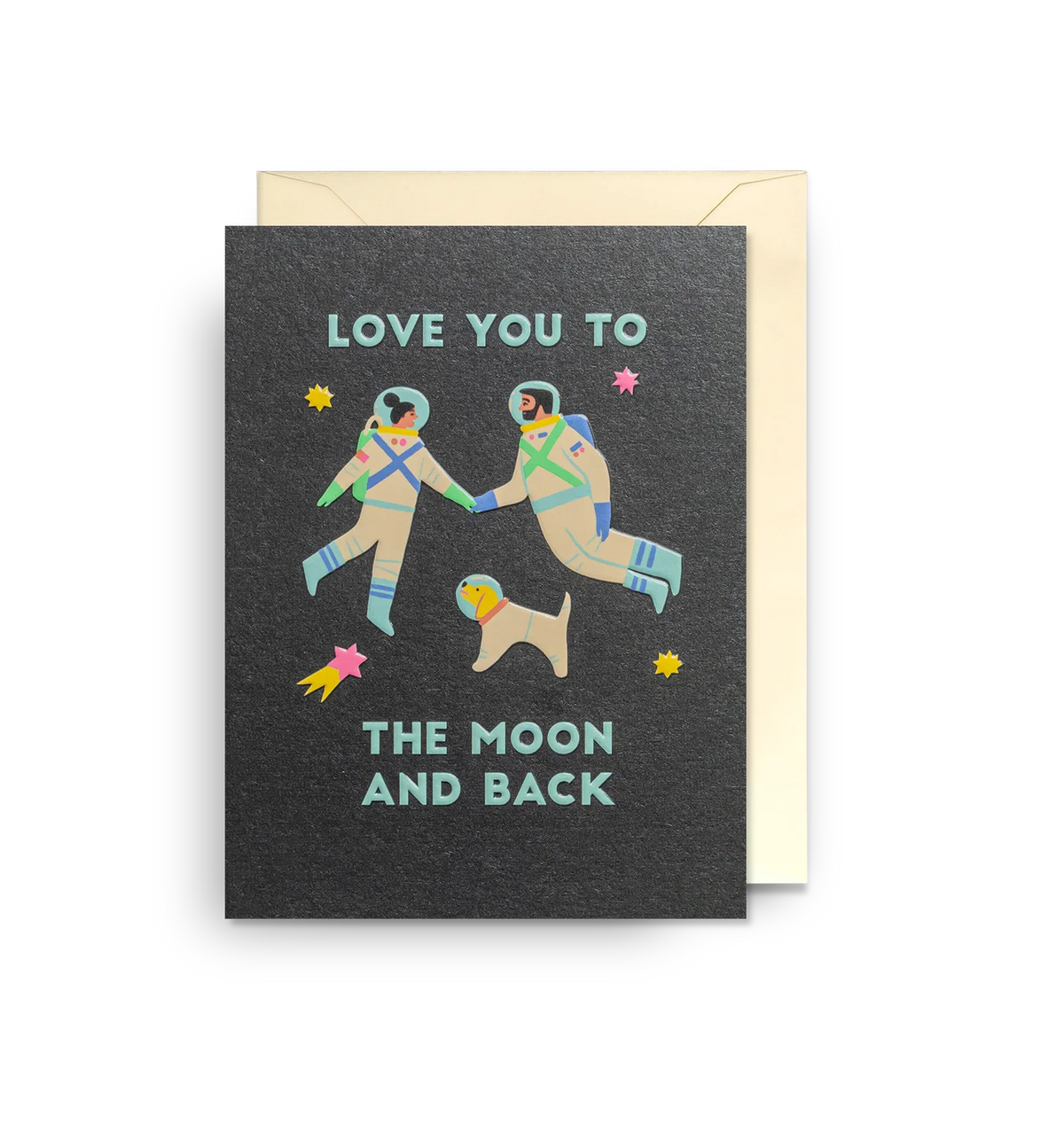 Lagom mini card: two astronauts and a dog floating in space, with 'Love you to the moon and back'