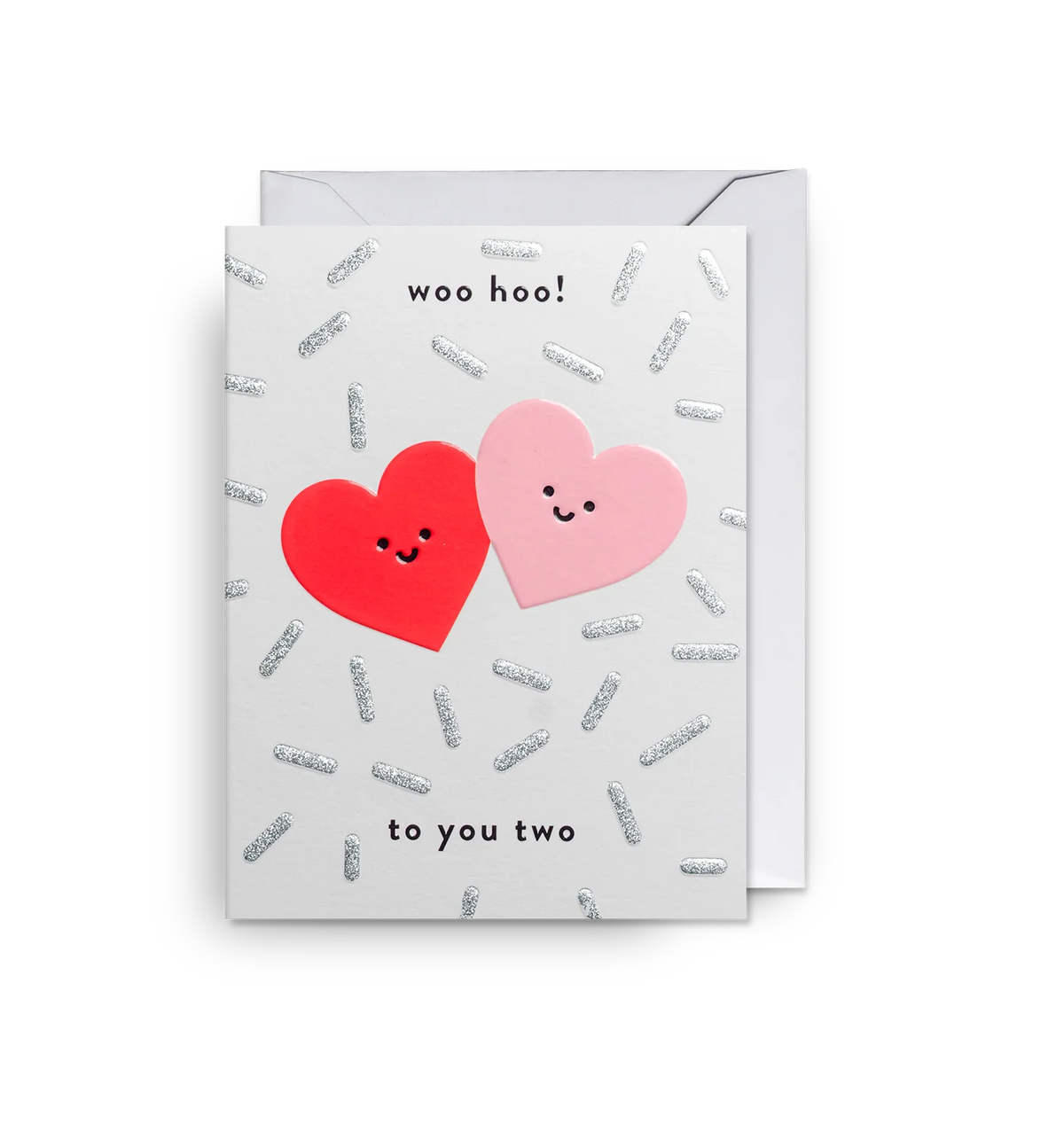 Lagom mini card: two smiling hearts in red and pink with confetti, with 'Woo hoo! To you two'