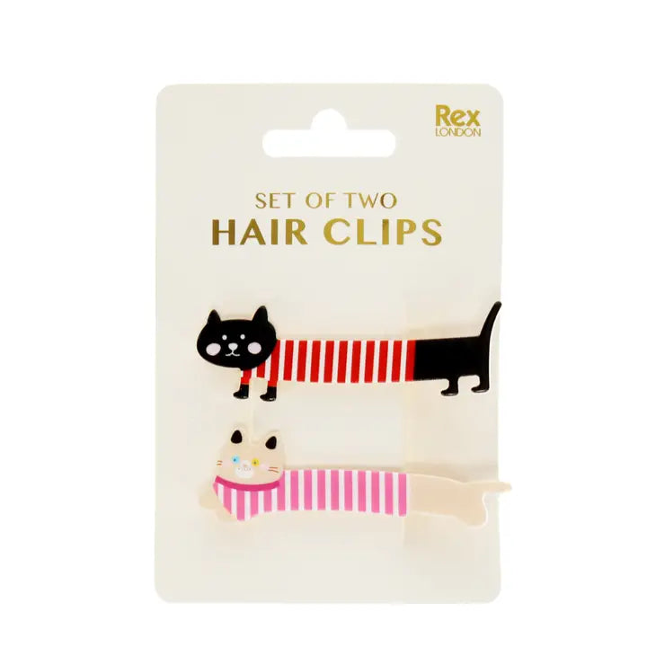 Rex cat hair clips: a black cat and a cream cat with striped bodies, on their card