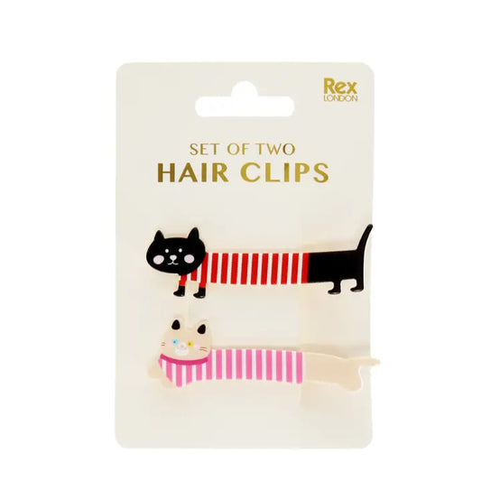 Rex cat hair clips: a black cat and a cream cat with striped bodies, on their card