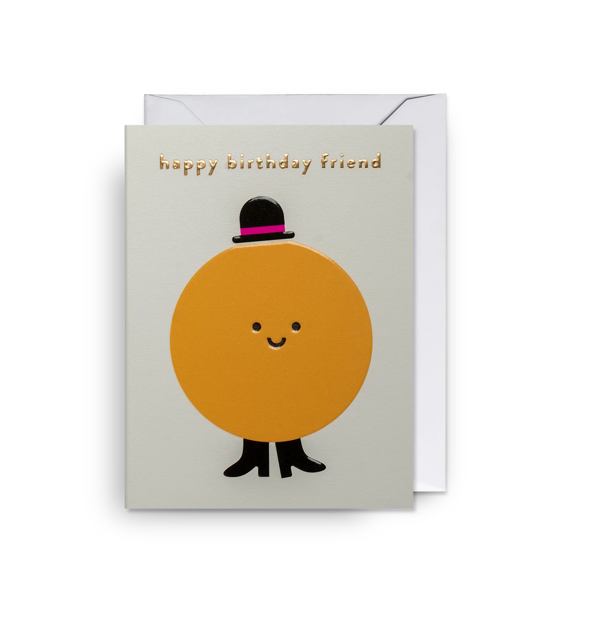Lagom mini card: a round orange character in a bowler hat, with 'Happy birthday friend'