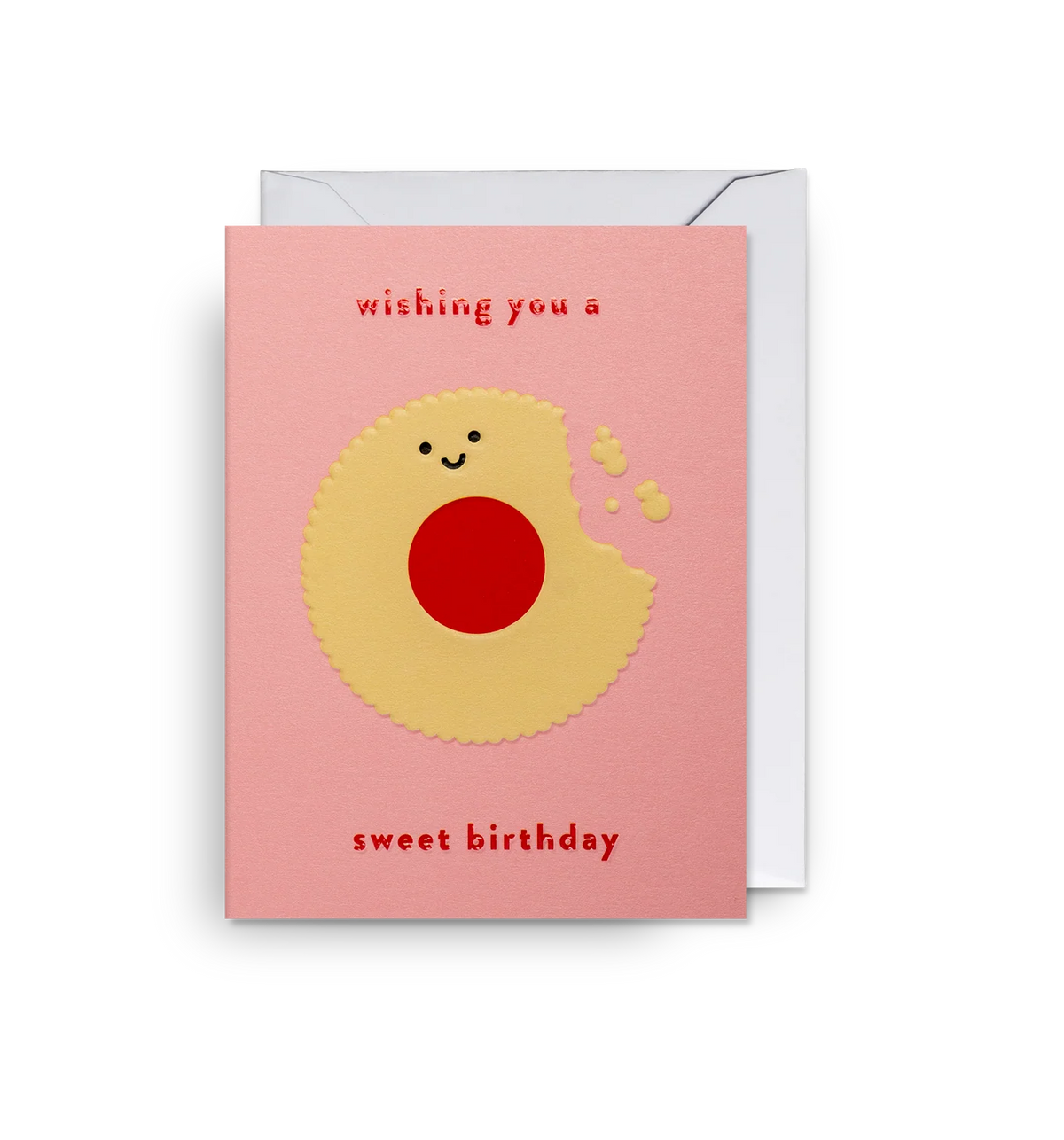 Lagom mini card: a smiling jammy biscuit with 'Wishing you a sweet birthday' on pink