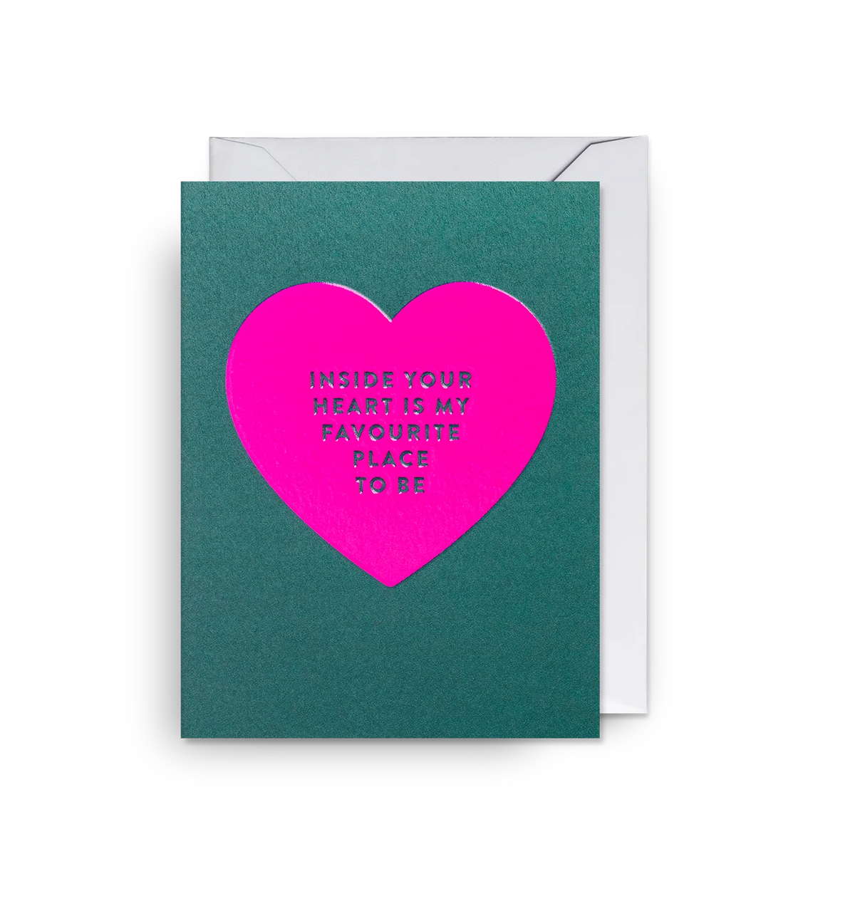 Lagom mini card: a neon pink heart on dark green, with a message about the inside of your heart being a favourite place