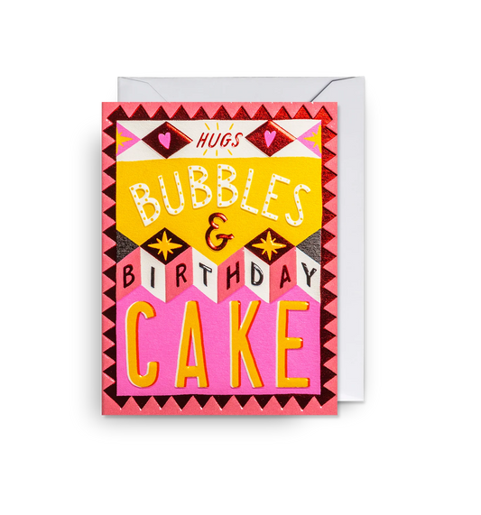 Lagom mini card with bold patterned lettering in pink, yellow and red: 'Hugs, bubbles & birthday cake'
