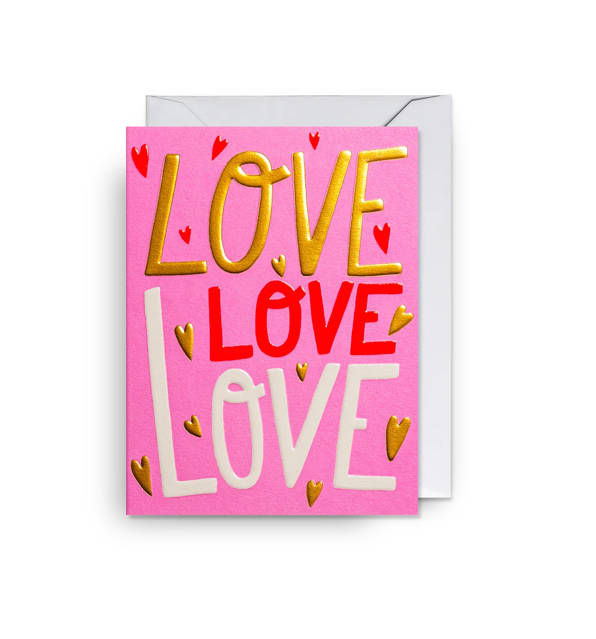 Lagom mini card: 'Love love love' in gold, red and white lettering on pink with small hearts