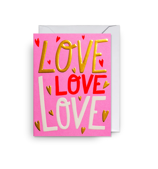 Lagom mini card: 'Love love love' in gold, red and white lettering on pink with small hearts