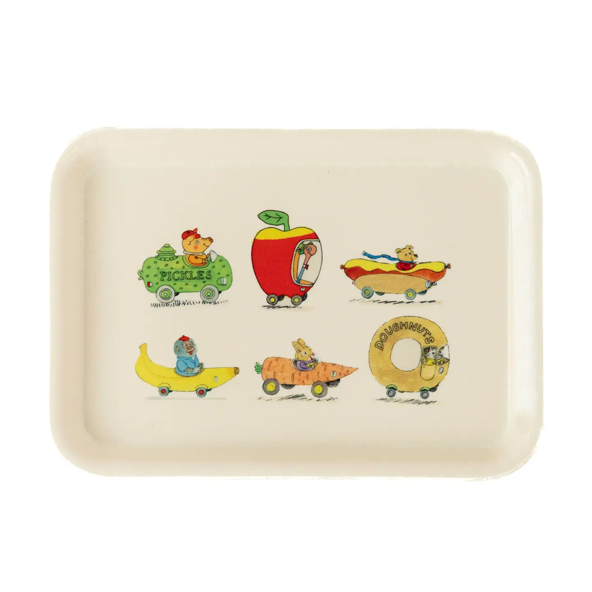 Richard Scarry tray in cream with Busytown vehicles, including the pickle car, apple car and banana car