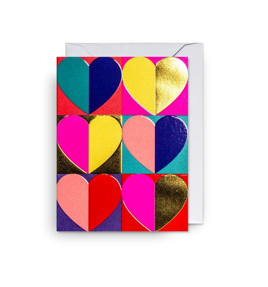 Lagom mini card: a grid of six hearts, each split into two bright colours