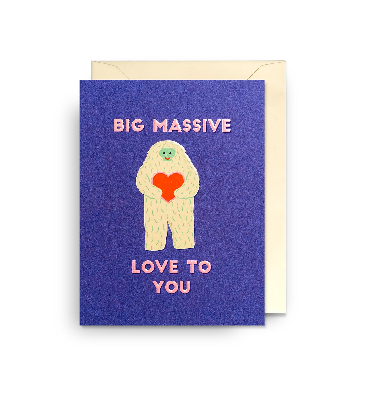 Lagom card: a white yeti holding a red heart on navy, with 'Big massive love to you'