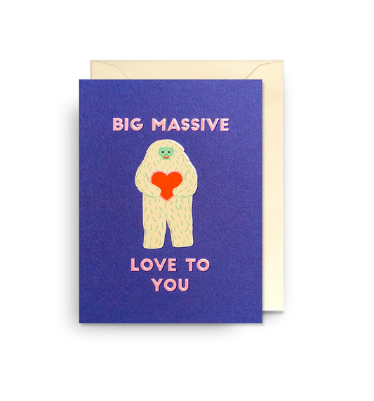 Lagom card: a white yeti holding a red heart on navy, with 'Big massive love to you'