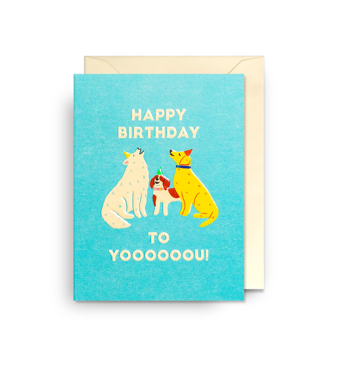 Lagom mini card: three dogs with 'Happy birthday to yooooou!' on blue