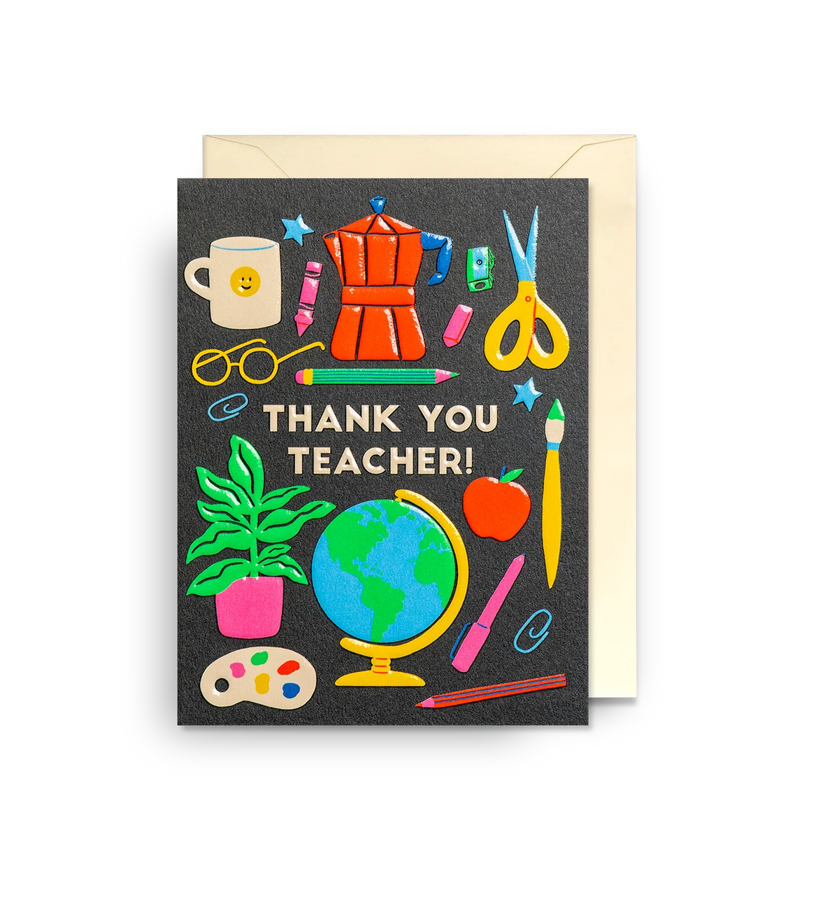 Lagom mini card: school supplies, a globe and a plant on black, with 'Thank you teacher!'