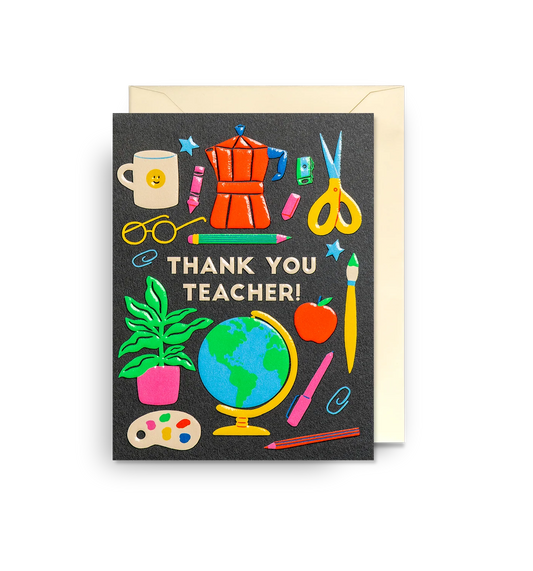 Lagom mini card: school supplies, a globe and a plant on black, with 'Thank you teacher!'