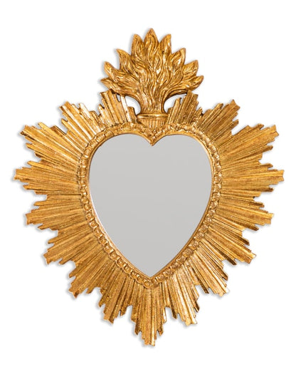 Gold sacred heart mirror with a sunburst frame and flame