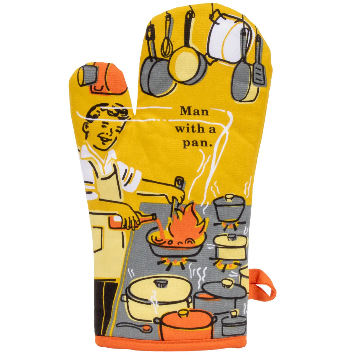 Blue Q oven mitt: a retro man cooking in a kitchen full of pans, with 'Man with a pan'