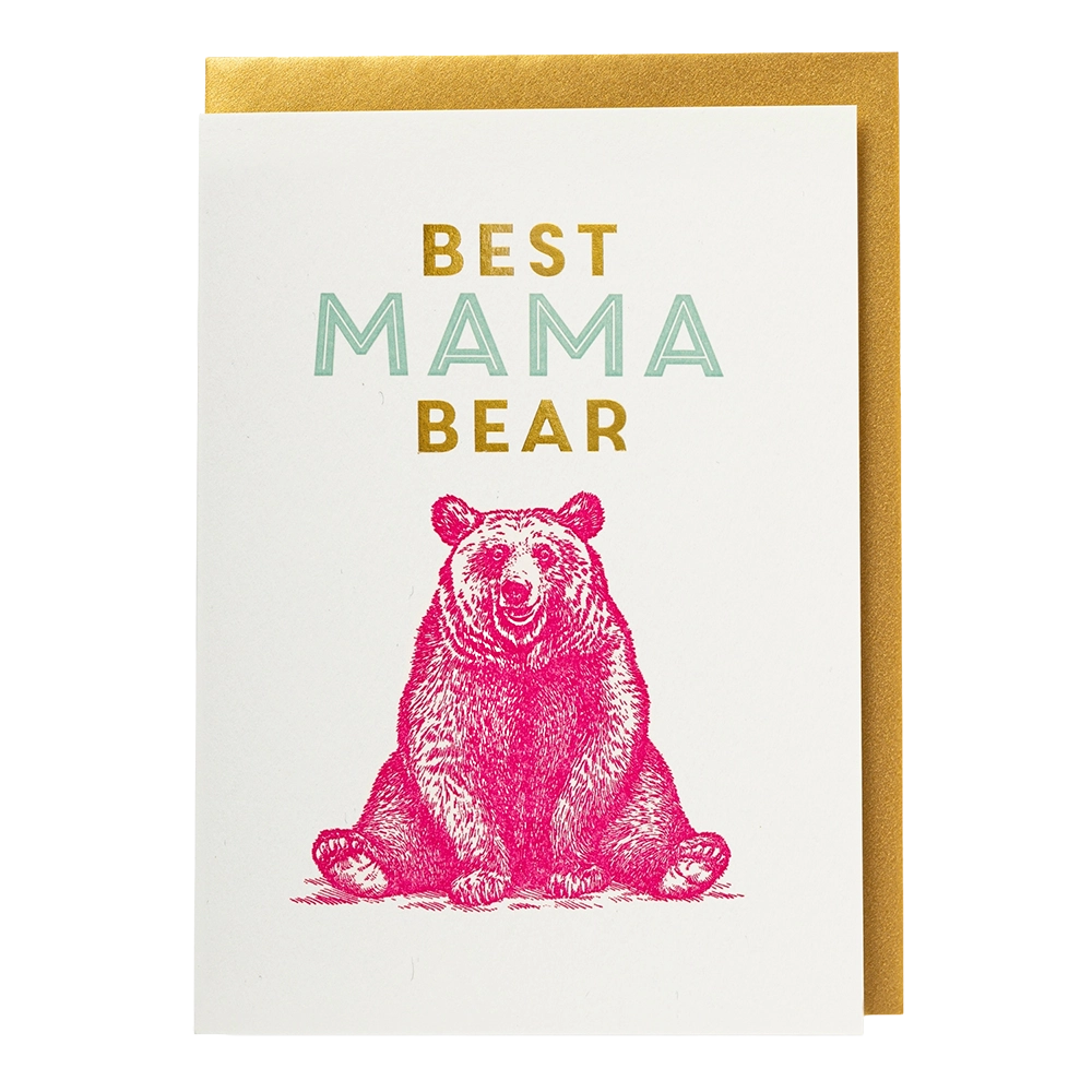 Archivist letterpress card: a pink sitting bear, with 'Best mama bear'