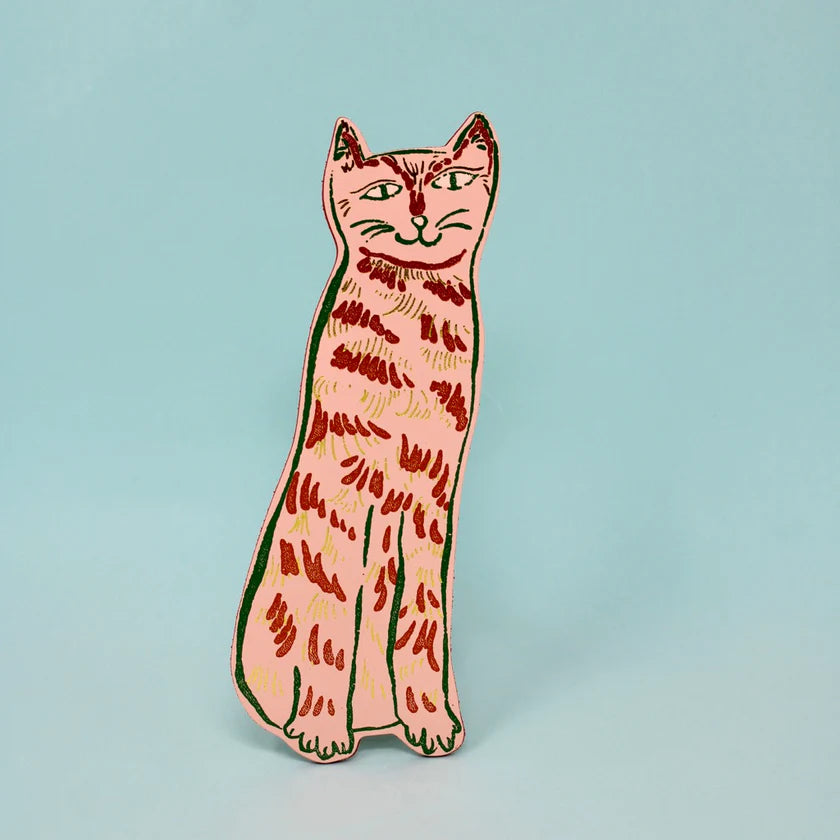 Pink leather cat bookmark with red tabby stripes