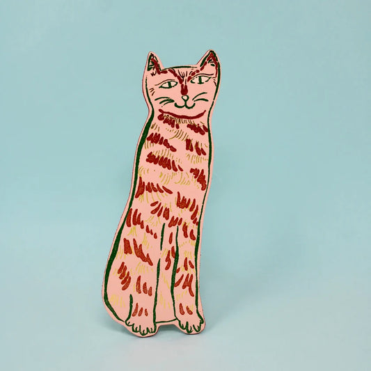 Pink leather cat bookmark with red tabby stripes