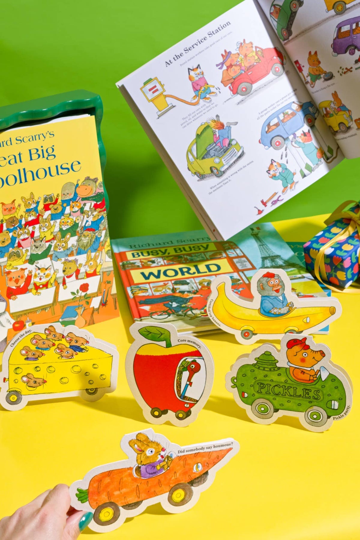 Core Memory die-cut card shown with other Richard Scarry car cards and an open Richard Scarry book