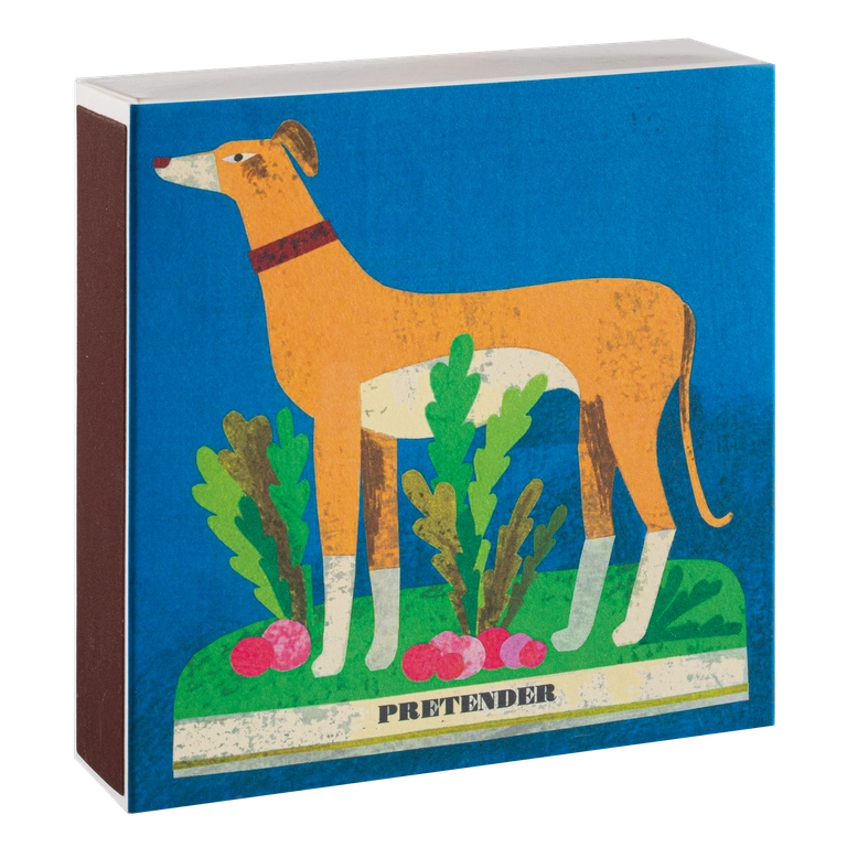 Archivist Whippet & Radishes matchbox: a tan whippet with a red collar standing among radishes on a blue background