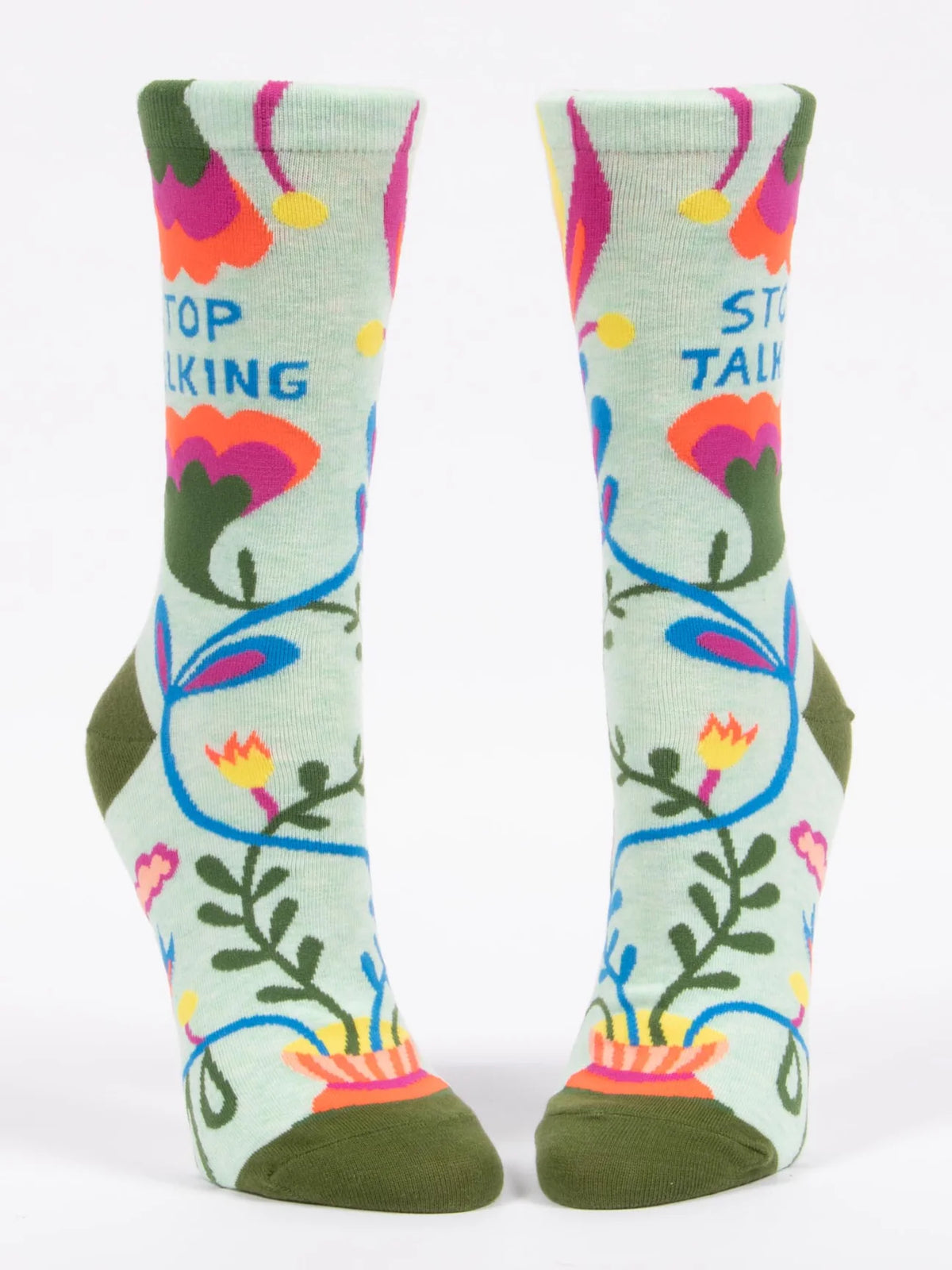 Front view of the Stop talking socks with green heels and toes