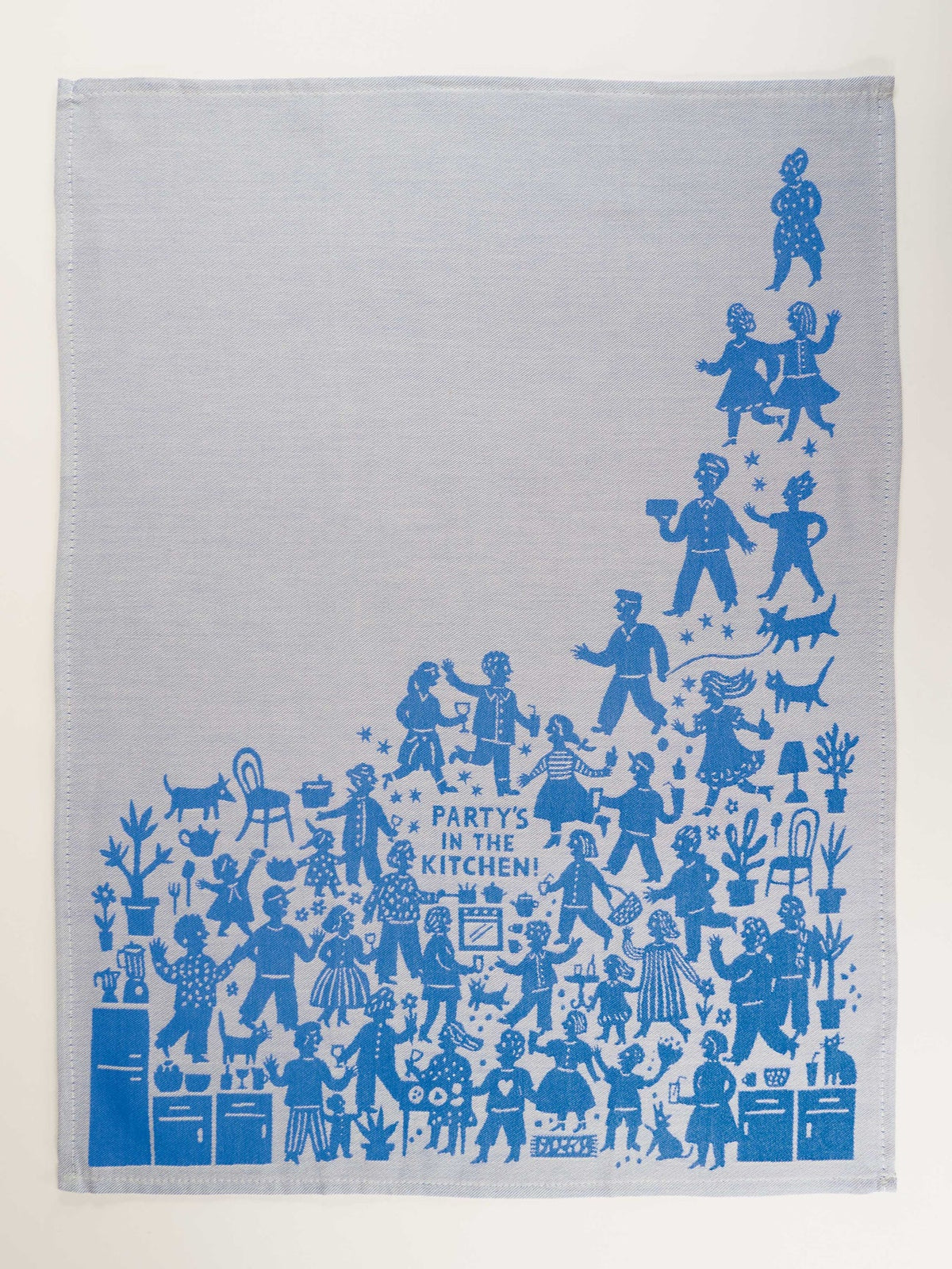 Unfolded Party's in the Kitchen tea towel with a crowd of dancing figures