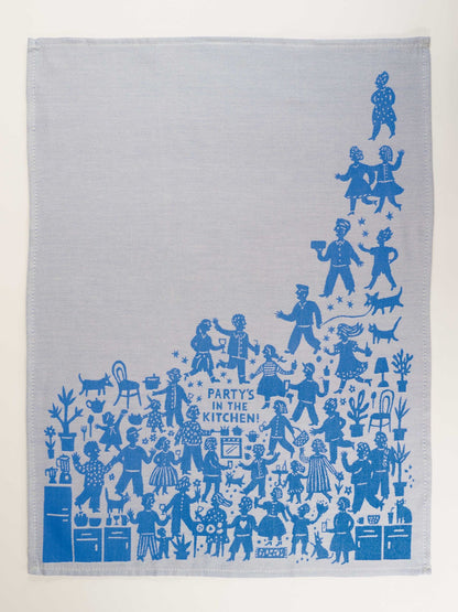 Unfolded Party's in the Kitchen tea towel with a crowd of dancing figures