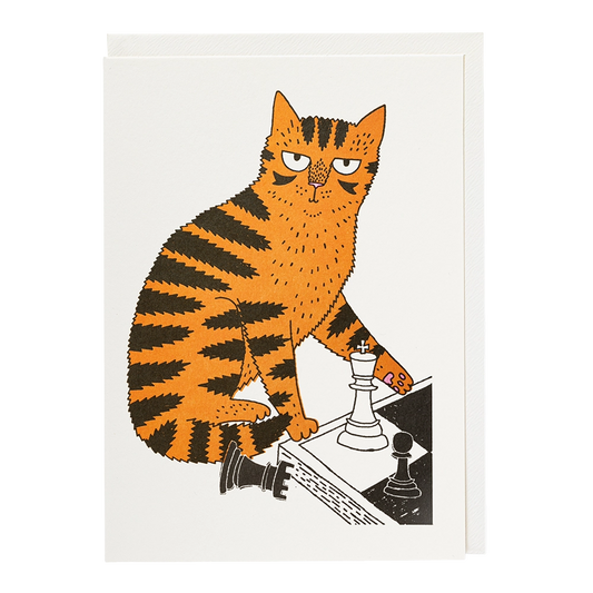 Archivist card by Charlotte Farmer: a ginger tabby cat playing chess