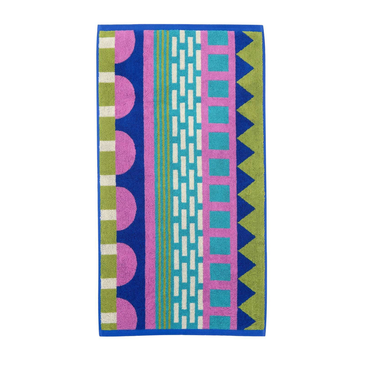 Donna Wilson Circus hand towel with blue, pink and green stripes, zigzags and circles