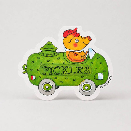Die-cut Richard Scarry card of a pig driving a pickle car: Pickle party.