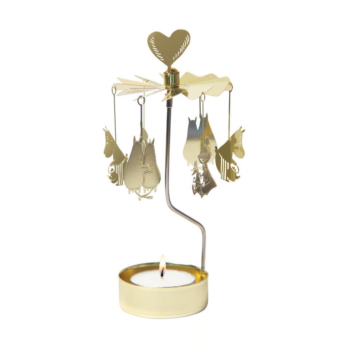 Gold Moomin 80th anniversary angel chime with a heart on top above a tealight