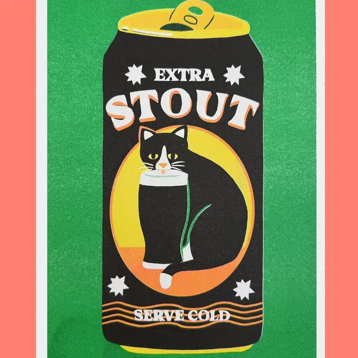 Naomi Wilkinson A4 print: a can of 'Extra stout' with a black and white cat, on green