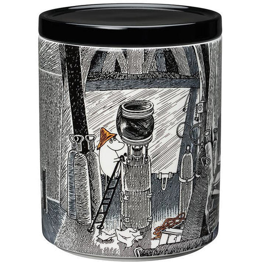 Moomin large storage jar with a black lid: Moominpappa on a ladder in a black and white kitchen