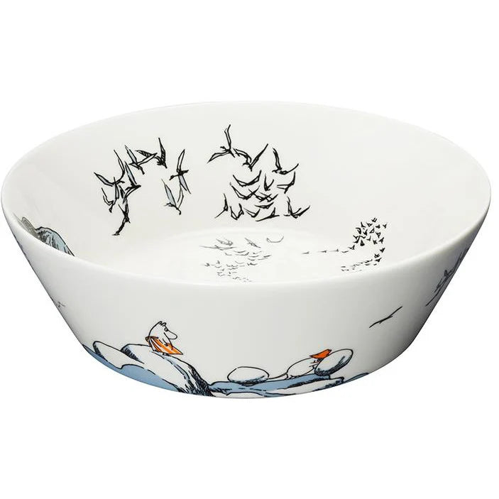 Moomin True to Its Origins serving bowl: a black and white seaside scene with birds