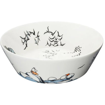 Moomin True to Its Origins serving bowl: a black and white seaside scene with birds