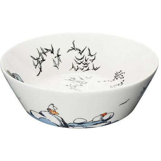 Moomin True to Its Origins serving bowl: a black and white seaside scene with birds