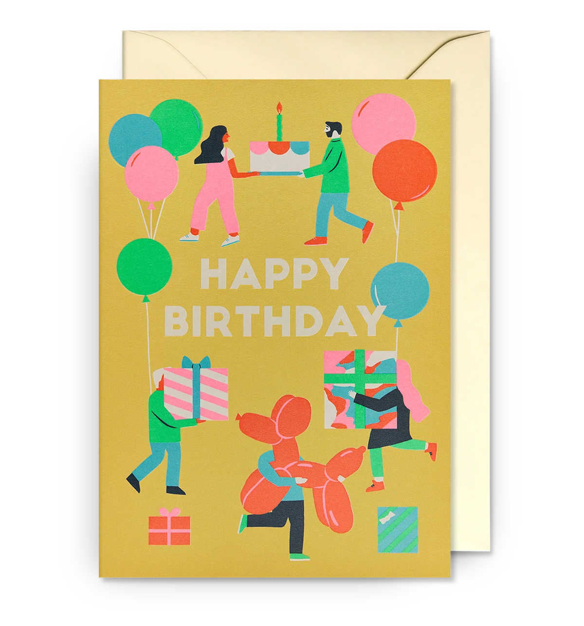 Lagom card: people carrying balloons, presents and a cake on mustard yellow, with 'Happy birthday'