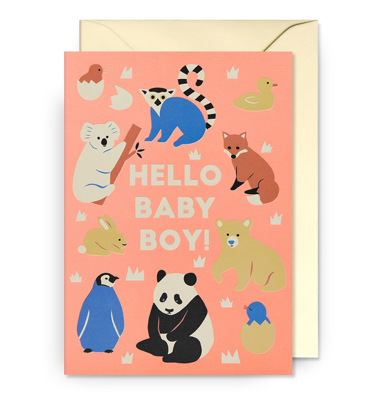 Lagom card: baby animals including a koala, lemur, penguins and a panda, with 'Hello baby boy!' on coral
