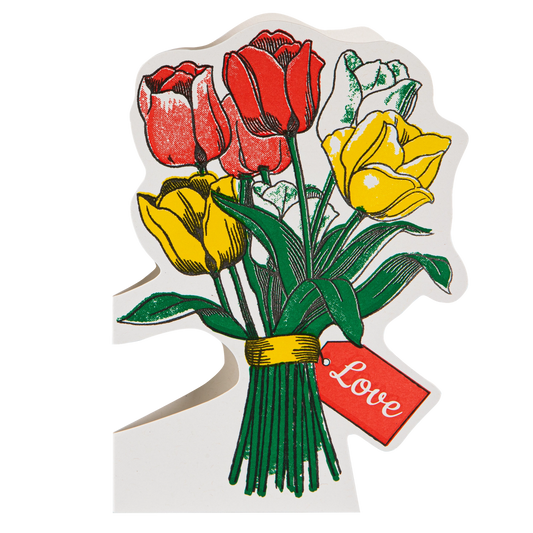 Archivist cut-out card: a bunch of red and yellow tulips with a 'Love' tag