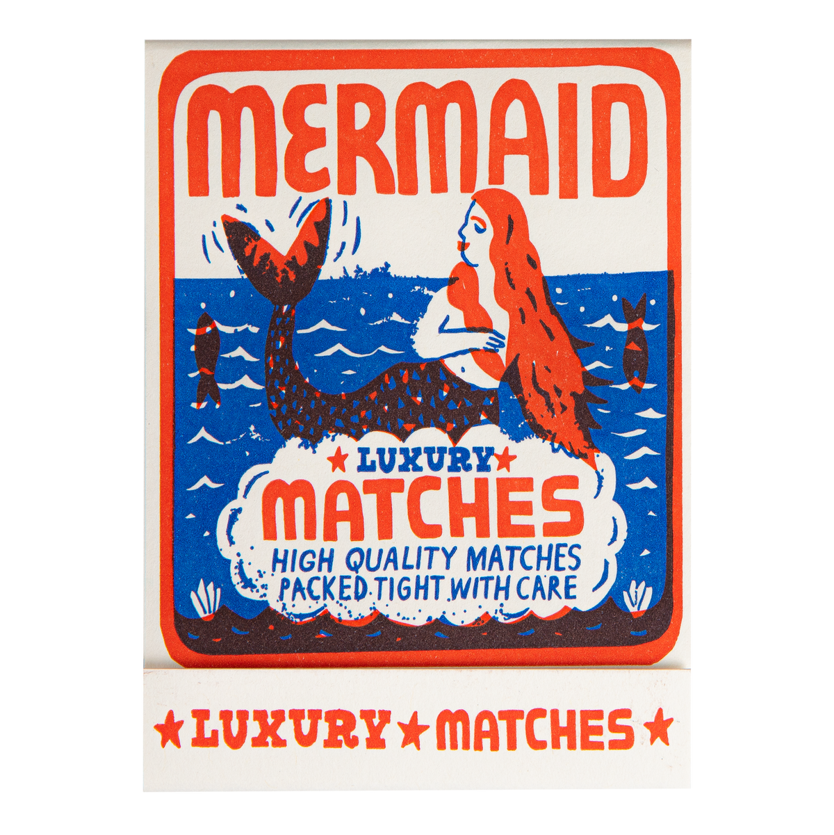 Match book cover: a mermaid on the sea: Mermaid luxury matches, high quality matches packed tight with care