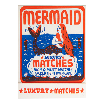 Match book cover: a mermaid on the sea: Mermaid luxury matches, high quality matches packed tight with care